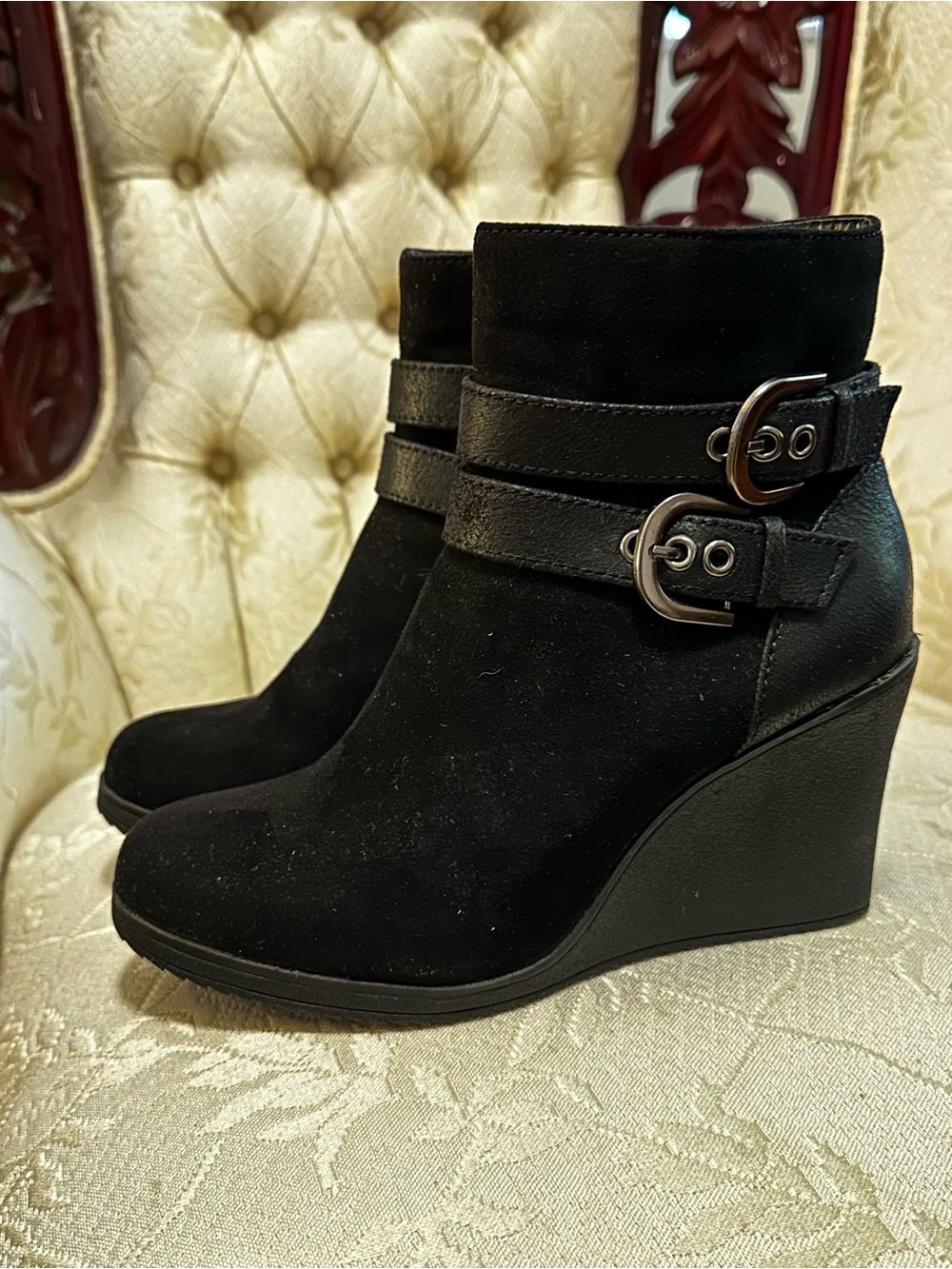 Women's Black Wedge Ankle Boots with Buckle Straps